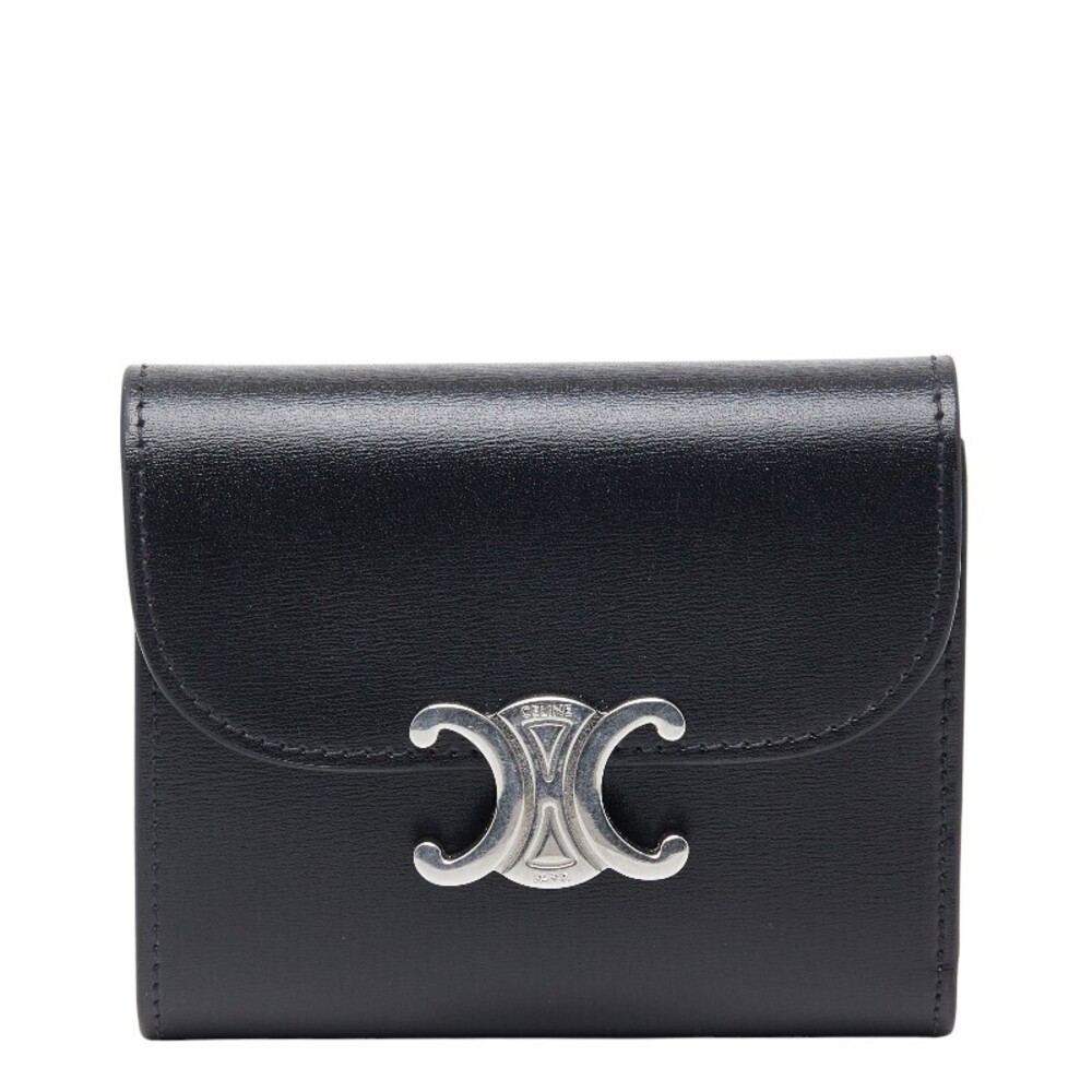 Celine Triomphe Flap Wallet Tri fold Black Leather